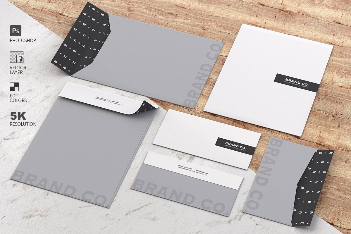 Mockup Stationery Kit on Wood and Ma 4579714