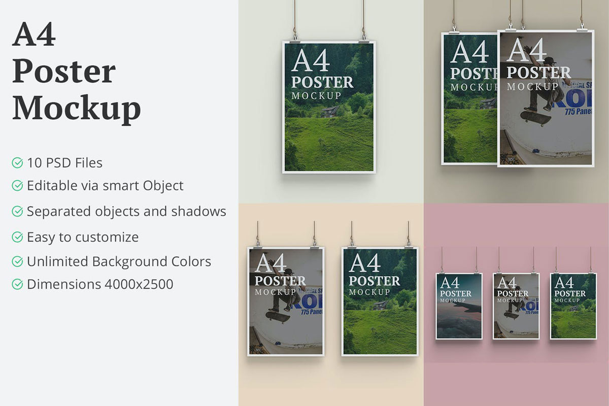 A4 Hanging Poster Mockup - 10 PSD Files